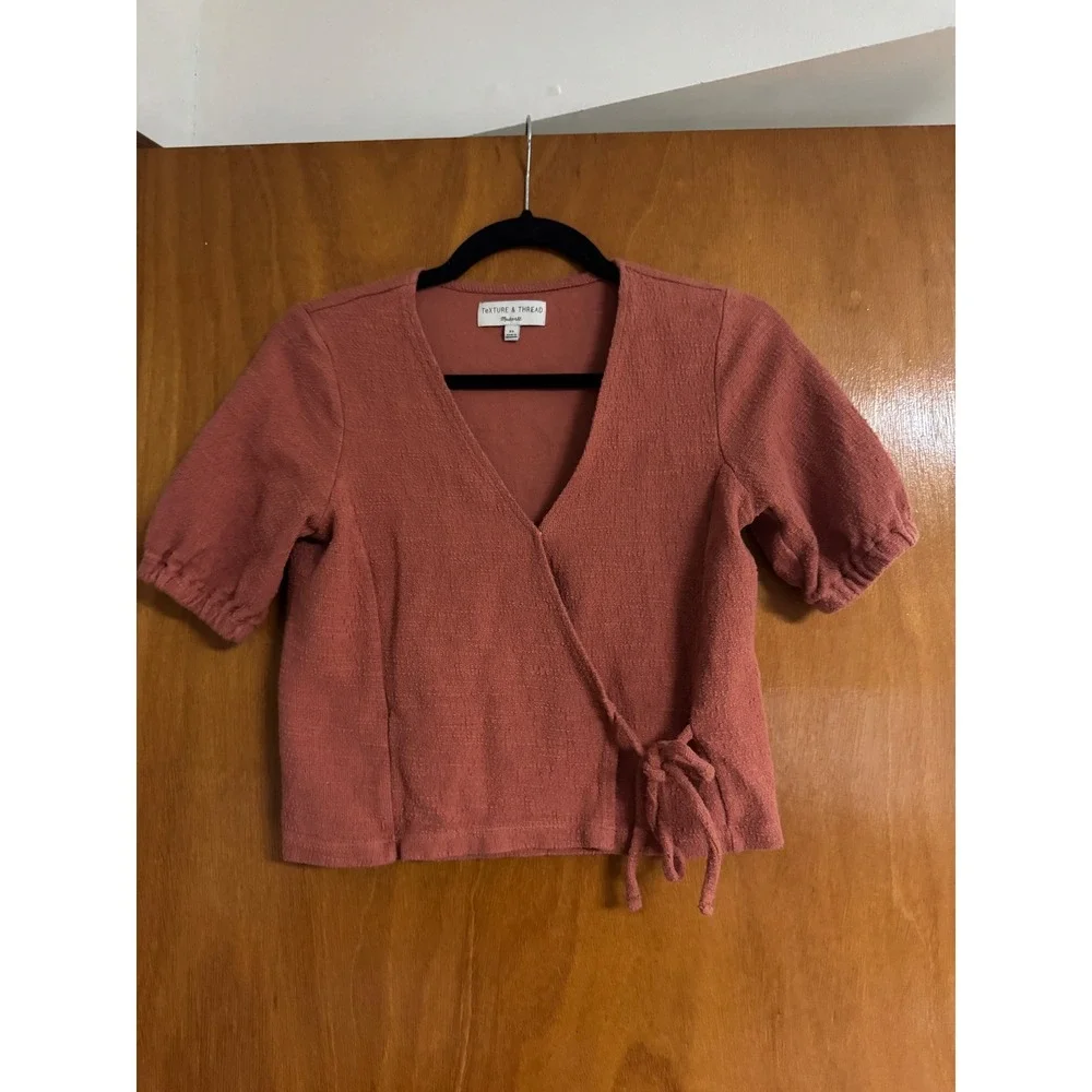 Madewell Texture & Thread Terracotta Cotton Wrap Top Puff Sleeve XS